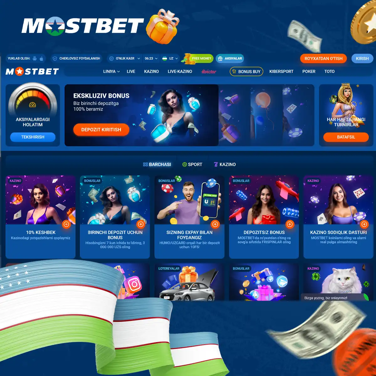 Mostbet Uzbekistan platformasida ko'plab turli bonuslar