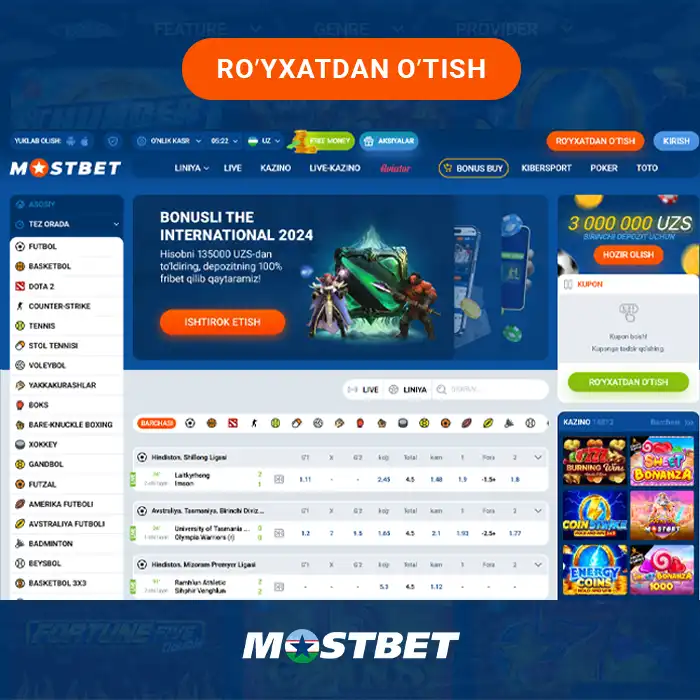 Rasmiy Mostbet veb-saytiga o'ting va Ro'yxatdan o'tish tugmasini bosing, 1-bosqich